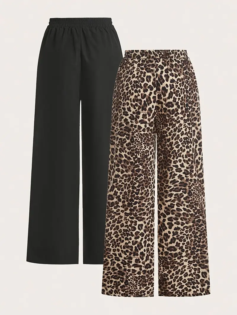 2 pares de calças largas casuais femininas - pretas e estampadas de leopardo