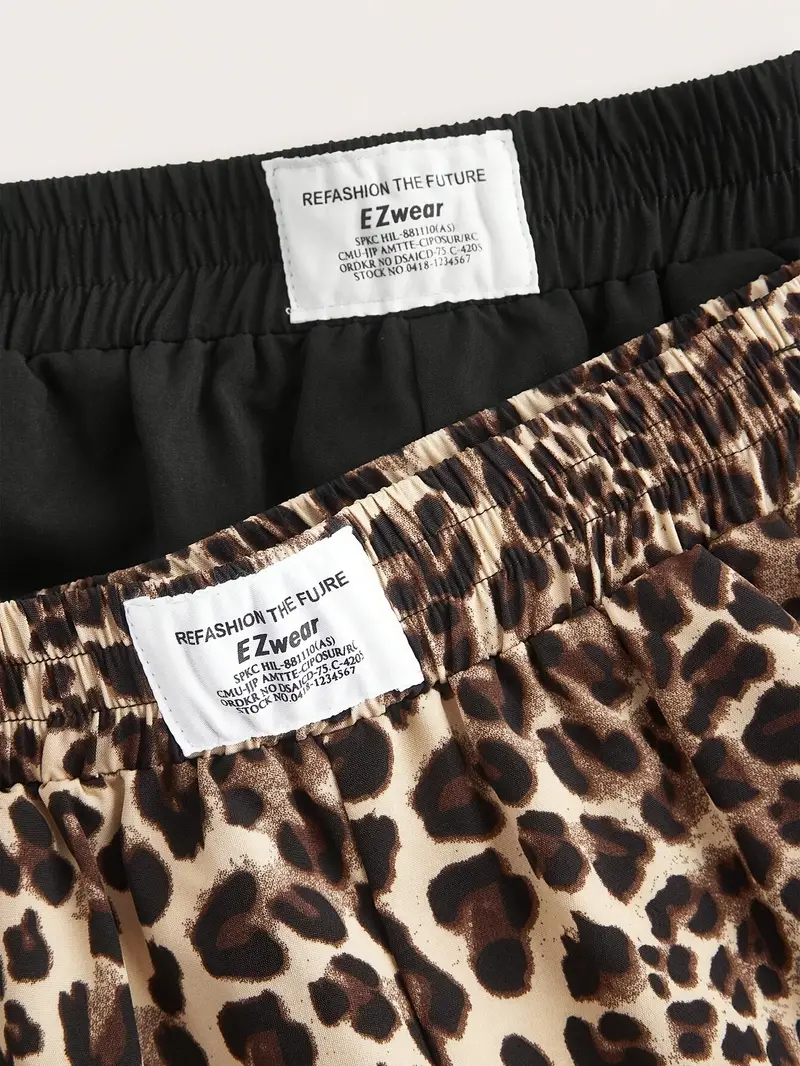2 pares de calças largas casuais femininas - pretas e estampadas de leopardo