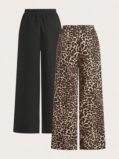 2 pares de calças largas casuais femininas - pretas e estampadas de leopardo