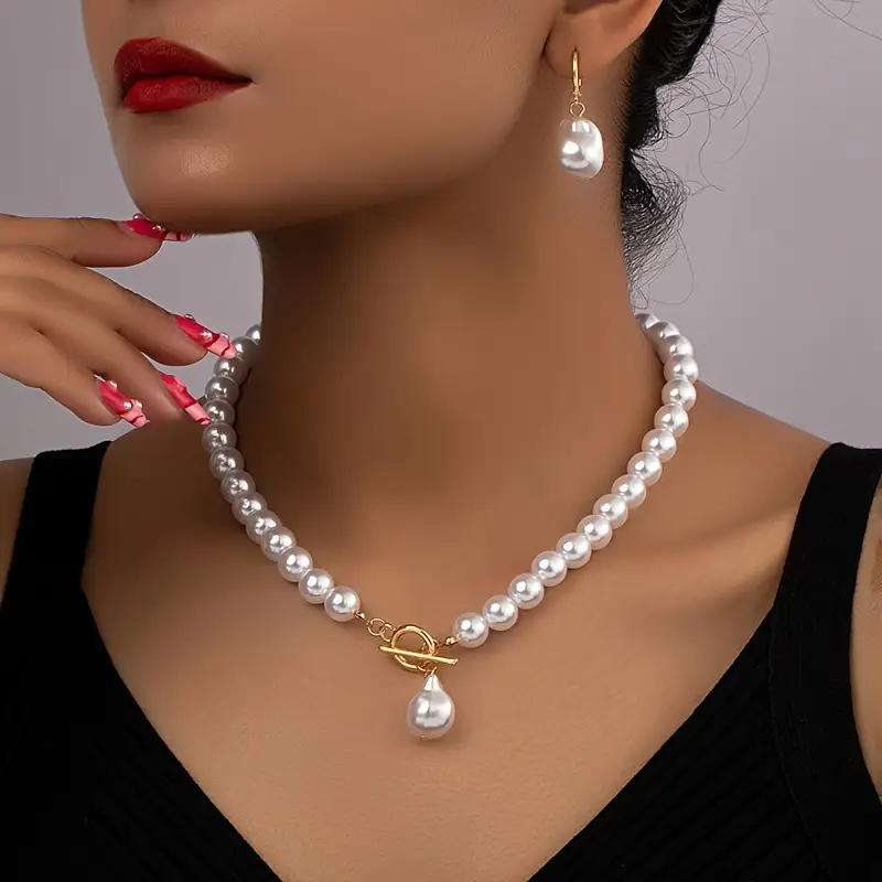 2-in-1 Conjunto de colar e brincos de pérolas barrocas vintage francesas