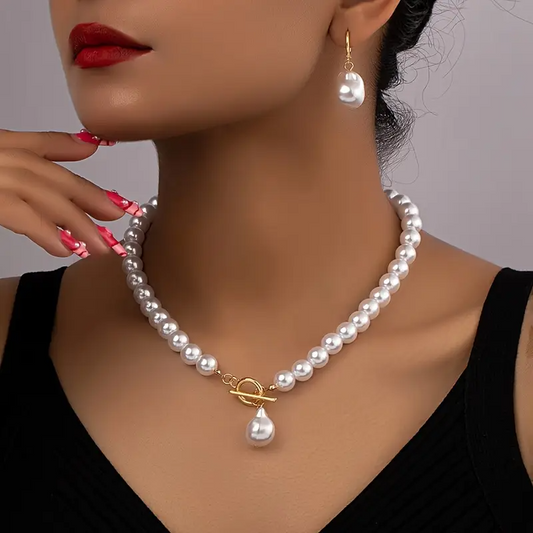 2-in-1 Conjunto de colar e brincos de pérolas barrocas vintage francesas