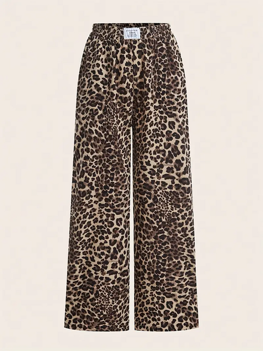 2 pares de calças largas casuais femininas - pretas e estampadas de leopardo